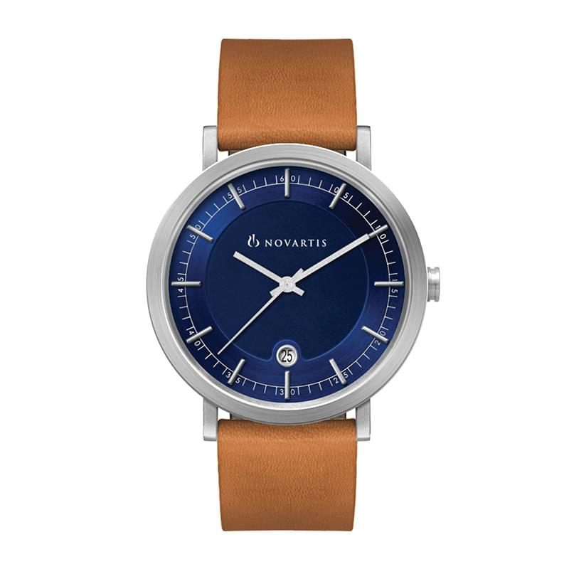 40MM STEEL MATTE SILVER CASE, 3 HAND MVMT, DTE DISPLAY, BLUE DIAL, LEATHER STRAP, FLAT MINERAL CRYST