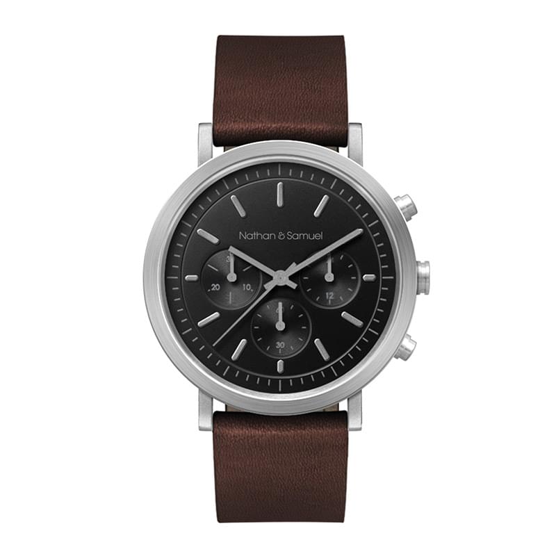 40MM STEEL MATTE SILVER CASE, CHRONOGRAPH MVMT, BLACK DIAL, LEATHER STRAP, FLAT MINERAL CRYSTAL, 5 A
