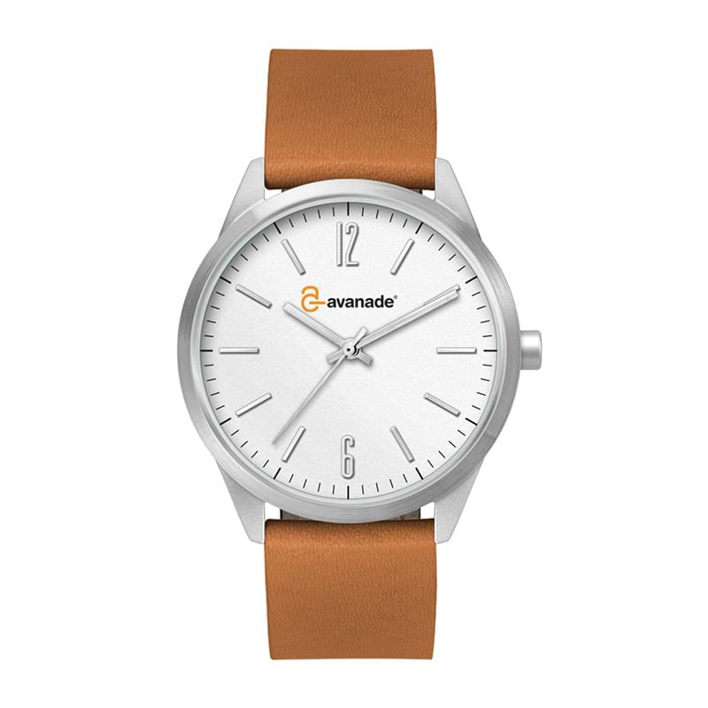 40MM STEEL MATTE SILVER CASE, 3 HAND MVMT, WHITE DIAL, LEATHER STRAP, FLAT MINERAL CRYSTAL, 5 ATM WT