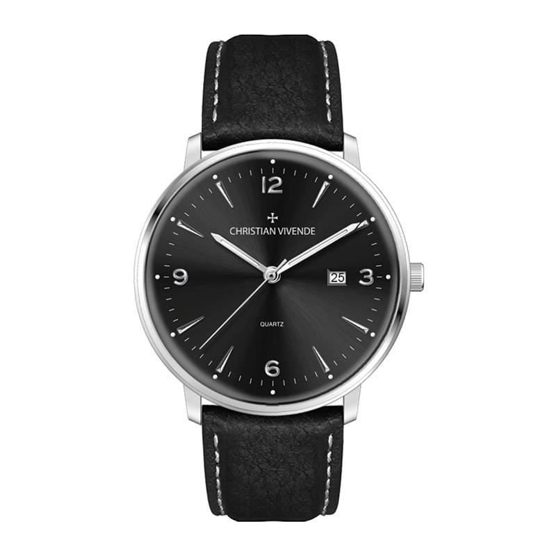 39MM STEEL SILVER CASE, 3 HAND MVMT, DTE DISPLAY, BLACK DIAL, LEATHER STRAP, FLAT MINERAL CRYSTAL, 5