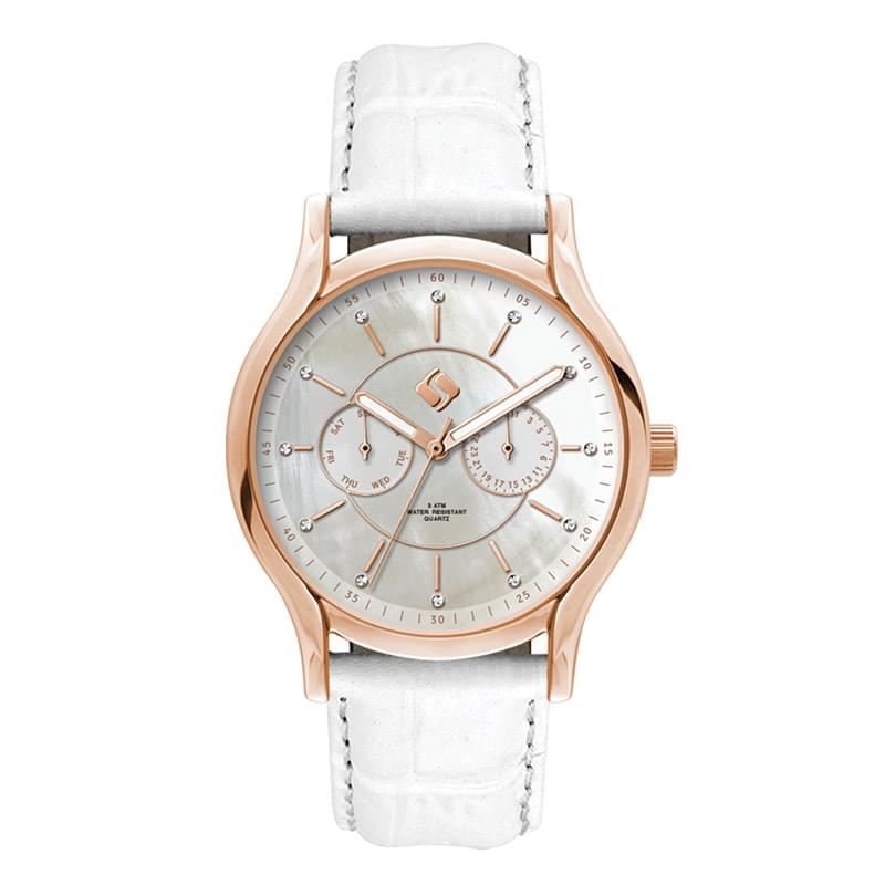 39MM METAL ROSE GOLD CASE, MULTIFUNCTION MVMT, SILVER DIAL, LEATHER STRAP, FLAT MINERAL CRYSTAL, 3 A