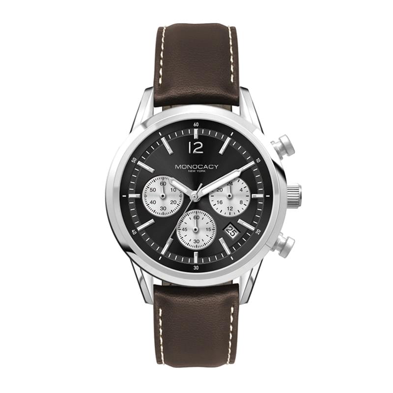 34MM STEEL SILVER CASE, CHRONOGRAPH MVMT, BLACK DIAL, DTE DISPLAY, LEATHER STRAP, FLAT MINERAL CRYST