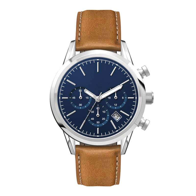 34MM STEEL SILVER CASE, CHRONOGRAPH MVMT, BLUE DIAL, DTE DISPLAY, LEATHER STRAP, FLAT MINERAL CRYSTA