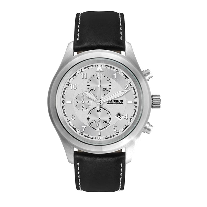 44MM STEEL MATTE SILVER CASE, CHRONOGRAPH MVMT, SILVER DIAL, DTE DISPLAY, LEATHER STRAP, FLAT MINERA