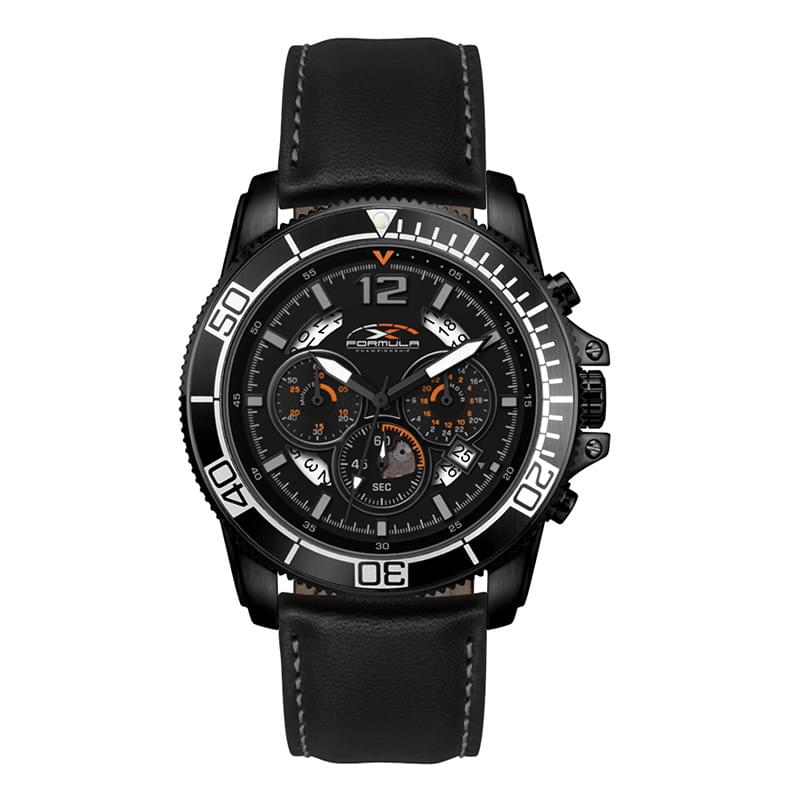 42 STEEL BLACK CASE, CHRONOGRAPH MVMT, BLACK DIAL, DTE DISPLAY, BL ROTATING BEZEL, LEATHER STRAP, F