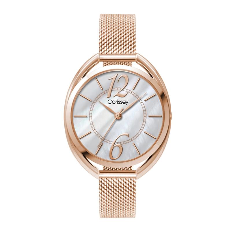36MM METAL OVAL ROSE GOLD CASE, 3 HAND MVMT, WHITE MOP DIAL, MESH STRAP, FLAT MINERAL CRYSTAL, 3 ATM