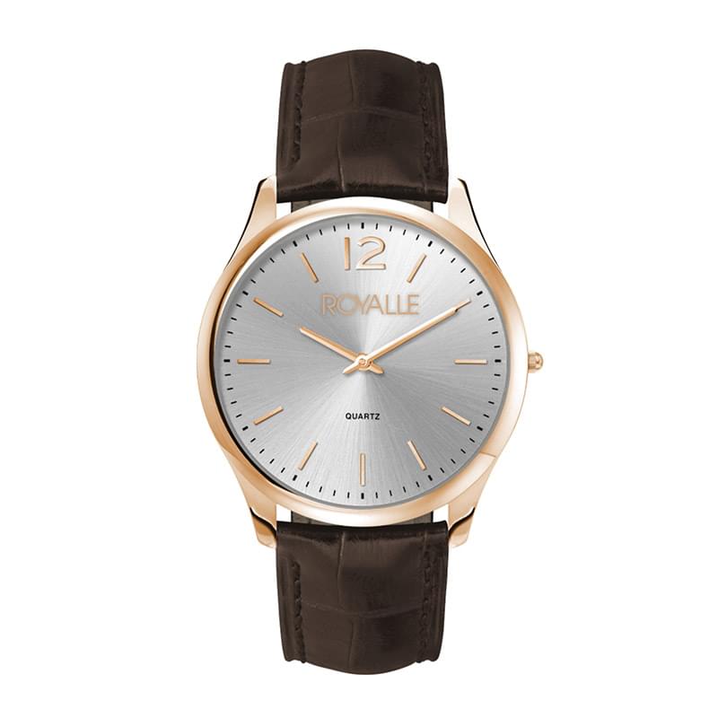 43MM STEEL ROSE GOLD CASE, 2 HAND MVMT, SILVER DIAL, LEATHER STRAP, DOME MINERAL CRYSTAL, 3 ATM WTR