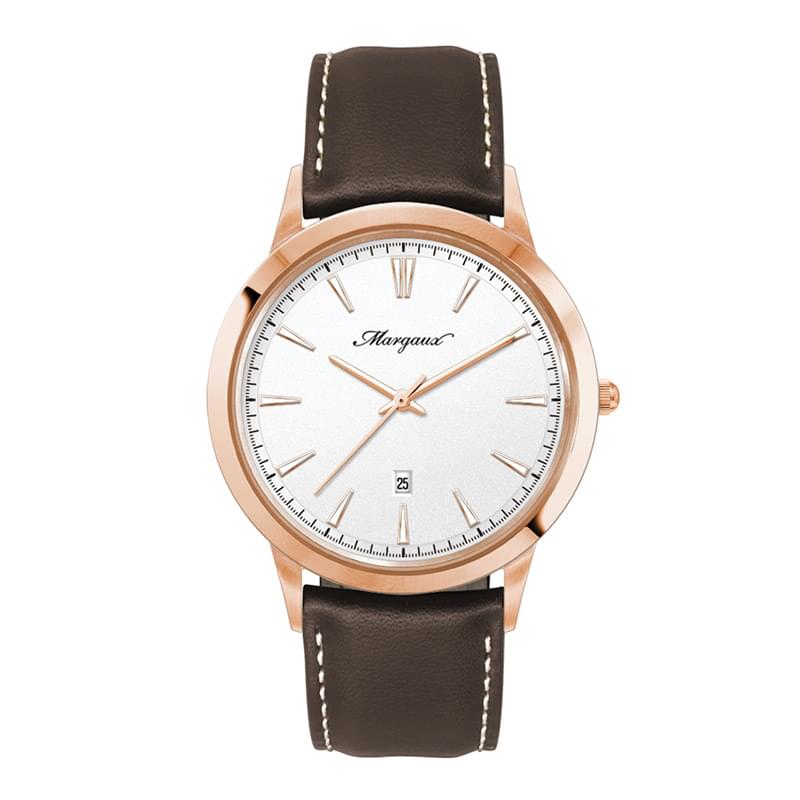 43MM STEEL ROSE GOLD CASE, 3 HAND MVMT, WHITE DIAL, DTE DISPLAY, LEATHER STRAP, FLAT MINERAL CRYSTAL