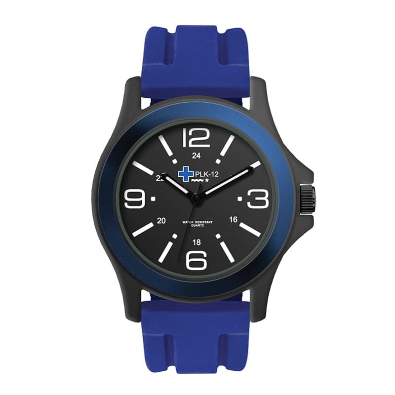 42MM METAL BLACK CASE, 3 HAND MVMT, BLACK DIAL, BLUE RING, SILICONE STRAP, FLAT MINERAL CRYSTAL, 3 A