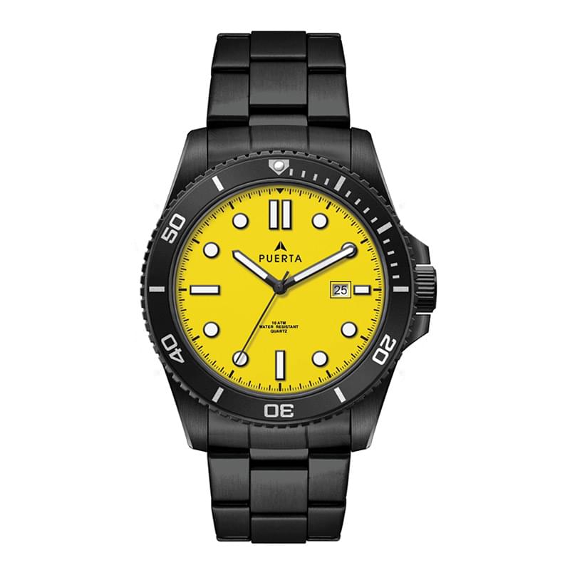 42.5MM STEEL MATTE SILVER CASE, 3 HAND MVMT, YELLOW DIAL, DTE DISPLAY, ROTATING BEZEL, LEATHER STRAP