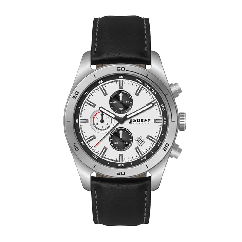 42MM STEEL MATTE SILVER CASE, CHRONOGRAPH MVMT, WHITE DIAL, DTE DISPLAY, LEATHER STRAP, FLAT MINERAL