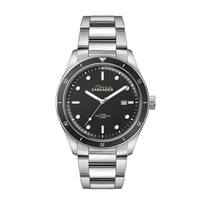 41MM STEEL SILVER CASE, 3 HAND MVMT, BLACK DIAL, DTE DISPLAY, BK ROTATING BEZEL, SILVER BRACELET, DO