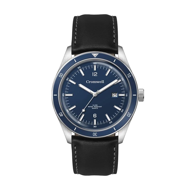 41MM STEEL SILVER CASE, 3 HAND MVMT, BLUE DIAL, DTE DISPLAY, BL ROTATING BEZEL, LEATHER STRAP, DOME