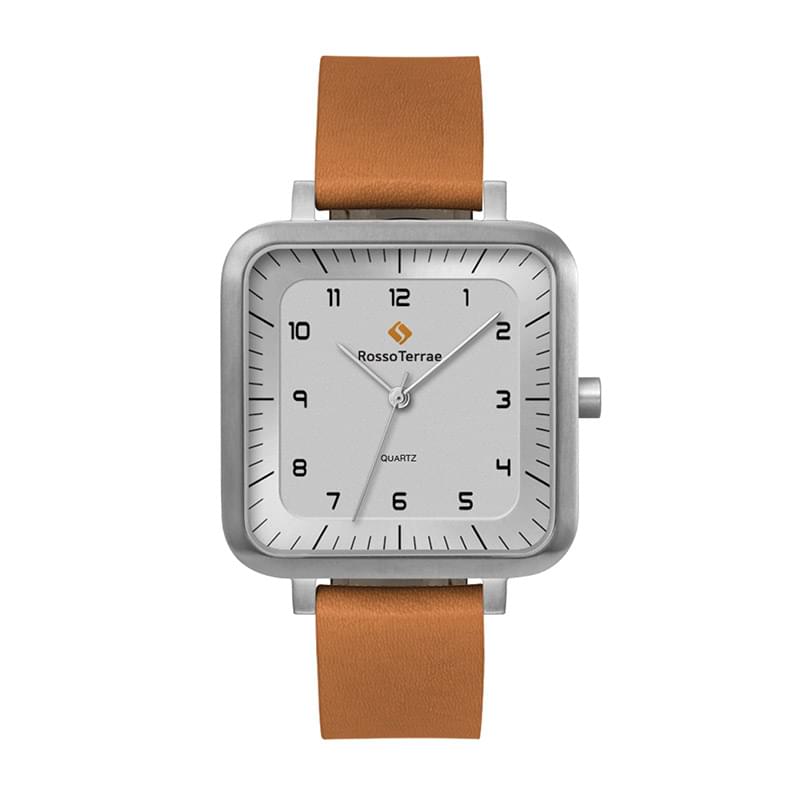 38MM SQUARE STEEL MATTE SILVER CASE, 3 HAND MVMT, SILVER DIAL, LEATHER STRAP, FLAT MINERAL CRYSTAL,