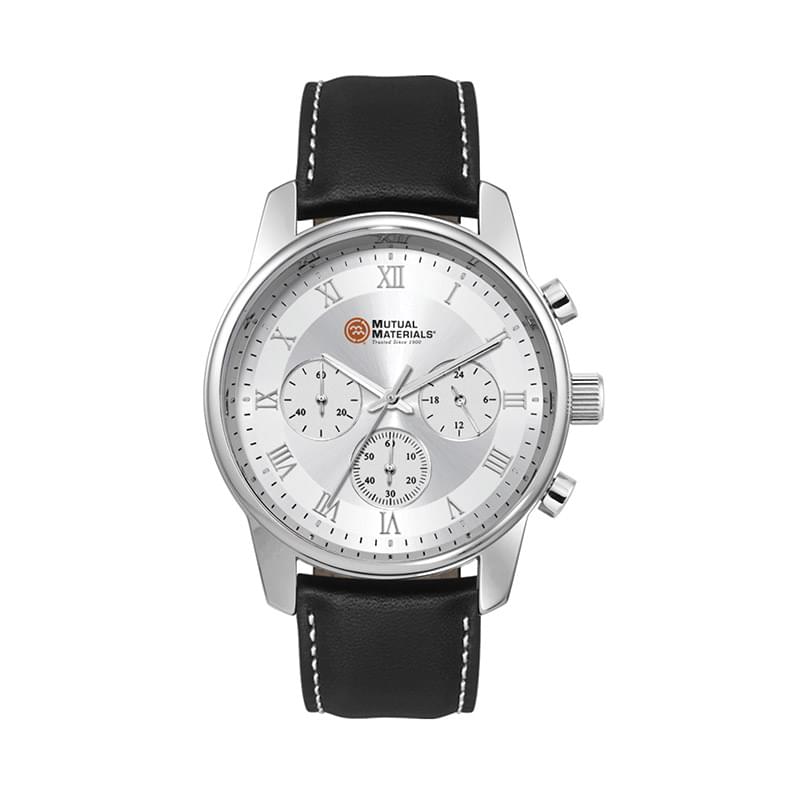 41MM METAL SILVER CASE, CHRONOGRAPH MVMT, SILVER DIAL, LEATHER STRAP, FLAT MINERAL CRYSTAL, 3 ATM WT
