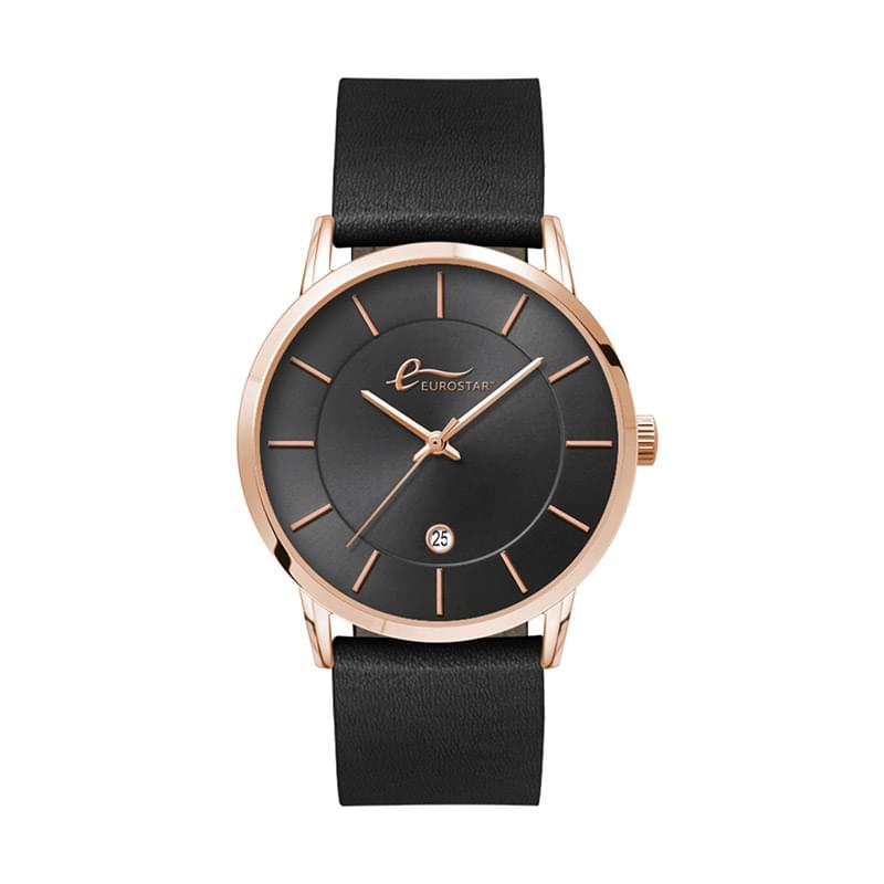 39MM STEEL ROSE GOLD CASE, 3 HAND MVMT, DTE DISPLAY, CHARCOAL DIAL, LEATHER STRAP, DOME MINERAL CRYS