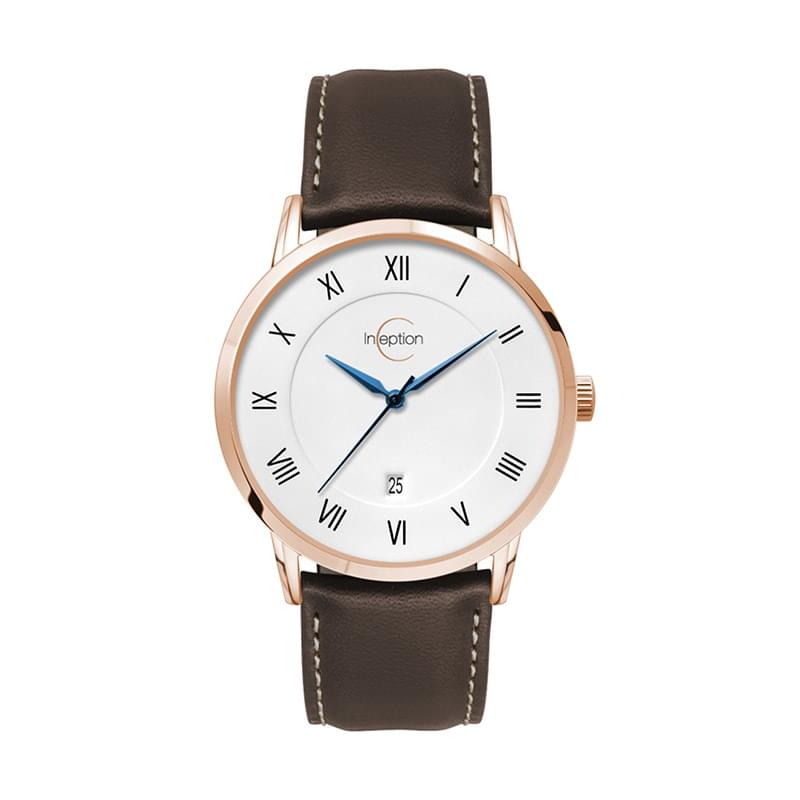 39MM STEEL ROSE GOLD CASE, 3 HAND MVMT, DTE DISPLAY, WHITE DIAL, LEATHER STRAP, DOME MINERAL CRYSTAL