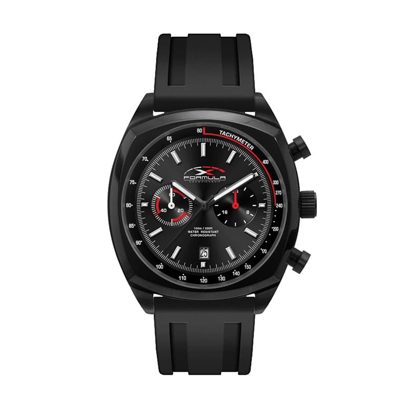 42MM STEEL BLACK CASE, CHRONOGRAPH MVMT, BLACK DIAL, DTE DISPLAY, SILICONE STRAP, FLAT MINERAL CRYST