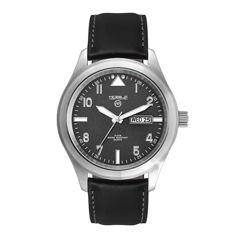 44MM STEEL MATTE SILVER CASE, 3 HAND MVMT, BLACK DIAL, DAY/DATE DISPLAY, LEATHER STRAP, FLAT MINERAL