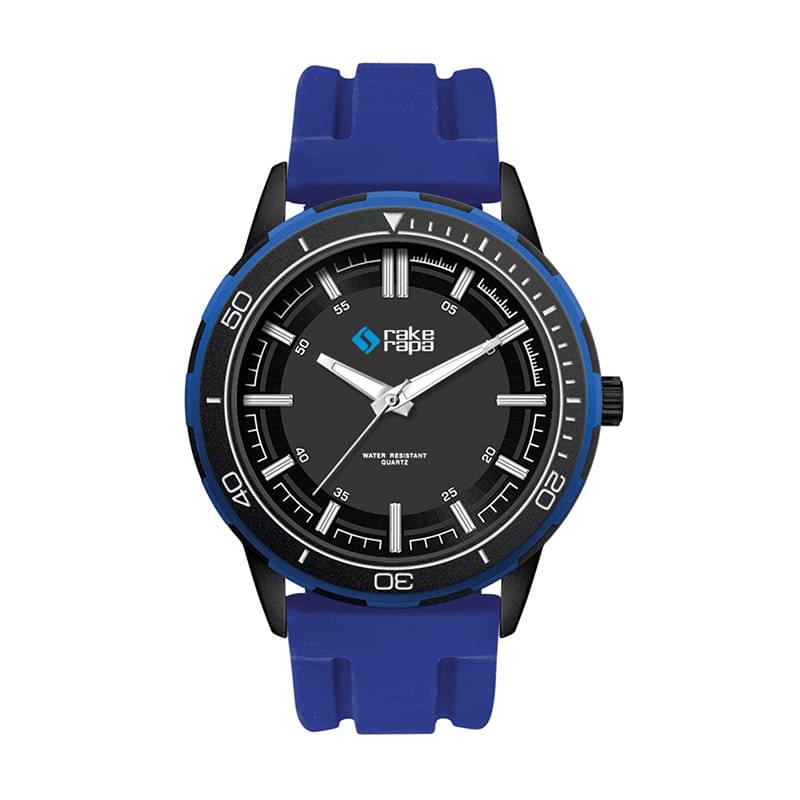 43.5MM METAL BLACK CASE, 3 HAND MVMT, BLACK DIAL, BLUE RING, SILICONE STRAP, FLAT MINERAL CRYSTAL, 3