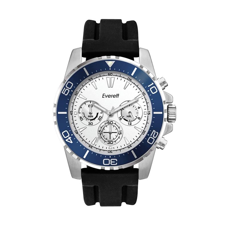 44MM METAL SILVER CASE, CHRONOGRAPH MVMT, WHITE DIAL,  BLUE ROTATING BEZEL, SILICONE STRAP, FLAT MIN