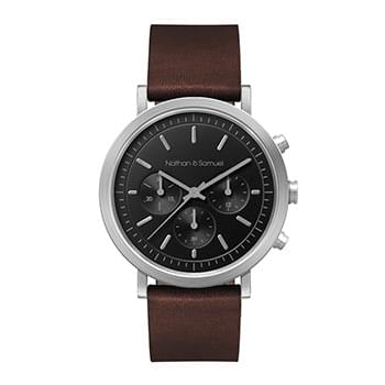 40MM STEEL MATTE SILVER CASE, CHRONOGRAPH MVMT, BLACK DIAL, LEATHER STRAP, FLAT MINERAL CRYSTAL, 5 A
