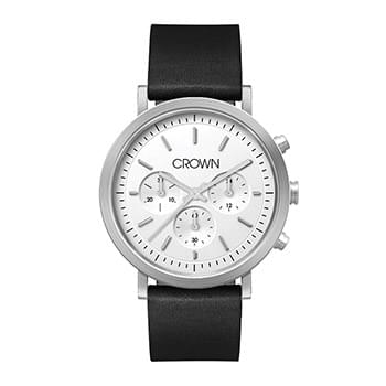 40MM STEEL MATTE SILVER CASE, CHRONOGRAPH MVMT, WHITE DIAL, LEATHER STRAP, FLAT MINERAL CRYSTAL, 5 A