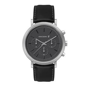 40MM STEEL MATTE SILVER CASE, CHRONOGRAPH MVMT, CHARCOAL DIAL, LEATHER STRAP, FLAT MINERAL CRYSTAL,