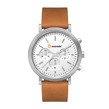 40MM STEEL MATTE SILVER CASE, CHRONOGRAPH MVMT, WHITE DIAL, LEATHER STRAP, FLAT MINERAL CRYSTAL, 5 A