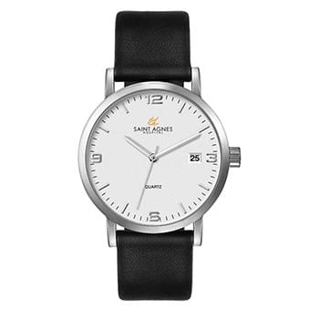 39MM STEEL SILVER CASE, 3 HAND MVMT, DTE DISPLAY, WHITE DIAL, LEATHER STRAP, FLAT MINERAL CRYSTAL, 5