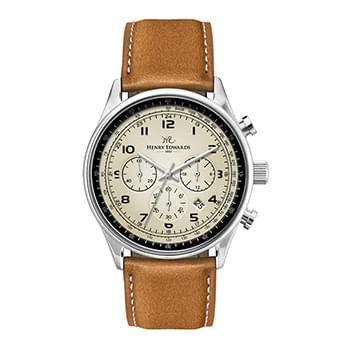 41MM STEEL SILVER CASE, CHRONOGRAPH MVMT, BEIGE DIAL, DTE DISPLAY, LEATHER STRAP, DOME MINERAL CRTYS