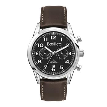 42MM STEEL SILVER CASE, CHRONOGRAPH MVMT, BLACK DIAL, DTE DISPLAY, LEATHER STRAP, FLAT MINERAL CRYST