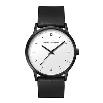 39MM STEEL BLACK CASE, 3 HAND MVMT, WHITE DIAL, LEATHER STRAP, DOME MINERAL CRYSTAL, 3 ATM WTR RESIS