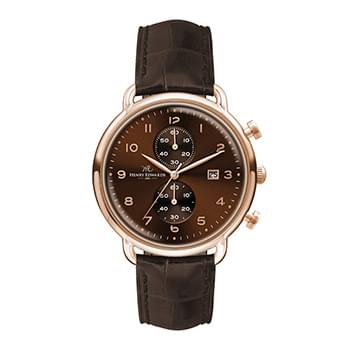 42MM STEEL ROSE GOLD CASE, CHRONOGRAPH MVMT, BROWN DIAL, DTE DISPLAY, LEATHER STRAP, DOME MINERAL CR