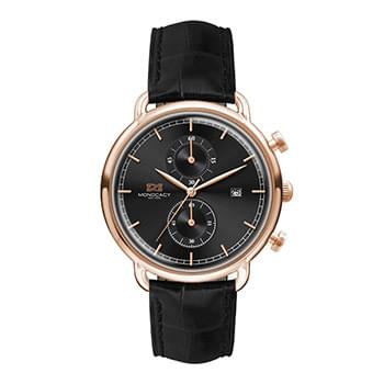 42MM STEEL ROSE GOLD CASE, CHRONOGRAPH MVMT, BLACK DIAL, DTE DISPLAY, LEATHER STRAP, DOME MINERAL CR