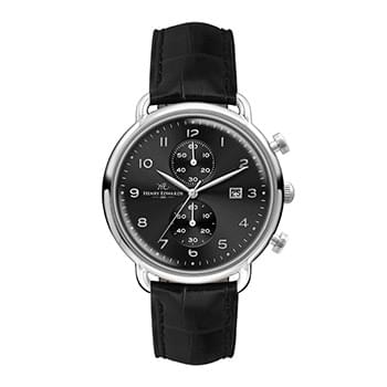 42MM STEEL SILVER CASE, CHRONOGRAPH MVMT, BLACK DIAL, DTE DISPLAY, LEATHER STRAP, DOME MINERAL CRYST