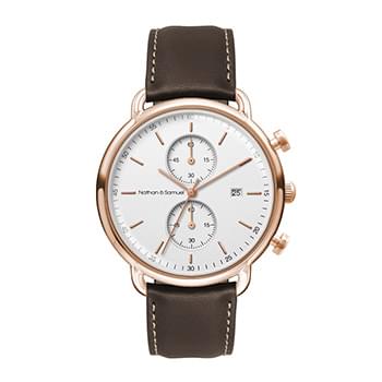42MM STEEL ROSE GOLD CASE, CHRONOGRAPH MVMT, WHITE DIAL, DTE DISPLAY, LEATHER STRAP, DOME MINERAL CR
