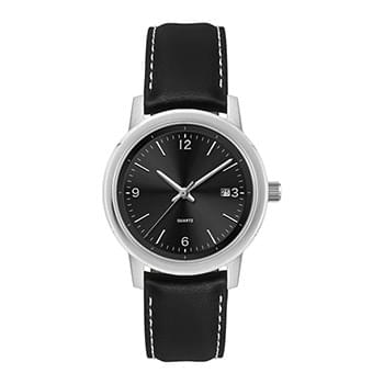 20MM METAL MATTE SILVER CASE, 3 HAND MVMT, BLACK DIAL, DTE DISPLAY, LEATHER STRAP, FLAT MINERAL CRYS