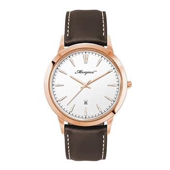 43MM STEEL ROSE GOLD CASE, 3 HAND MVMT, WHITE DIAL, DTE DISPLAY, LEATHER STRAP, FLAT MINERAL CRYSTAL