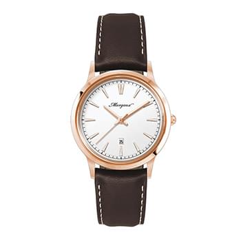 22MM STEEL ROSE GOLD CASE, 3 HAND MVMT, WHITE DIAL, DTE DISPLAY, LEATHER STRAP, FLAT MINERAL CRYSTAL