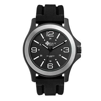 42MM METAL BLACK CASE, 3 HAND MVMT, BLACK DIAL, SILVER RING, SILICONE STRAP, FLAT MINERAL CRYSTAL, 3