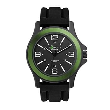 42MM METAL BLACK CASE, 3 HAND MVMT, BLACK DIAL, GREEN RING, SILICONE STRAP, FLAT MINERAL CRYSTAL, 3