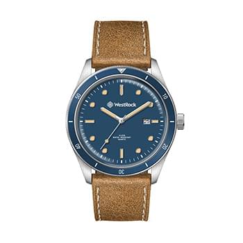 41MM STEEL SILVER CASE, 3 HAND MVMT, BLUE DIAL, DTE DISPLAY, BL ROTATING BEZEL, LEATHER STRAP, DOME
