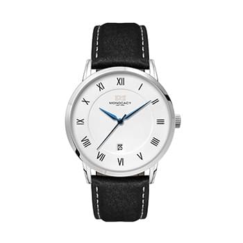39MM STEEL SILVER CASE, 3 HAND MVMT, DTE DISPLAY, WHITE DIAL, LEATHER STRAP, DOME MINERAL CRYSTAL, 3