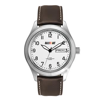 44MM STEEL MATTE SILVER CASE, 3 HAND MVMT, WHITE DIAL, DAY/DATE DISPLAY, LEATHER STRAP, FLAT MINERAL