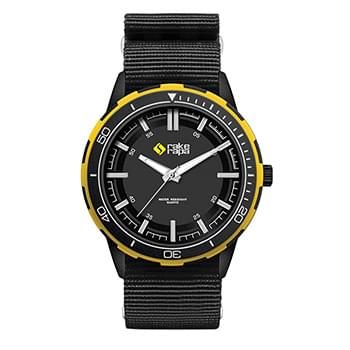 43.5MM METAL BLACK CASE, 3 HAND MVMT, BLACK DIAL, YELLOW RING, NATO STRAP, FLAT MINERAL CRYSTAL, 3 A